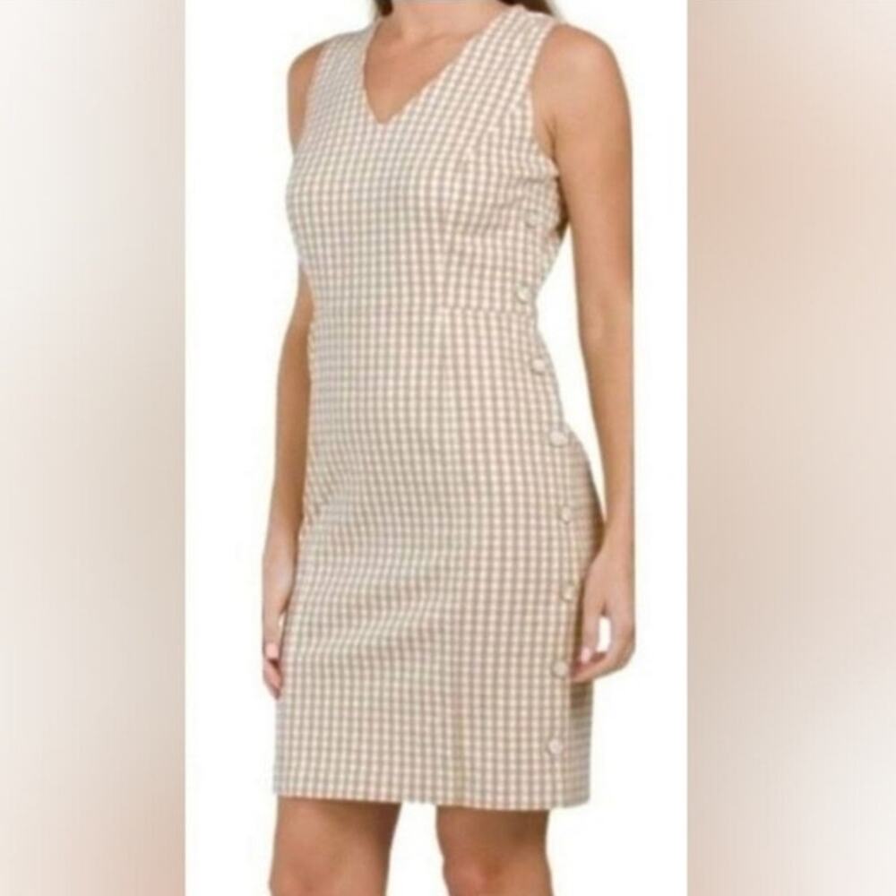 J. McLaughlin Paulson Gingham Sleeveless Sheath Dress Tan Cream Career Picnic‎ 4